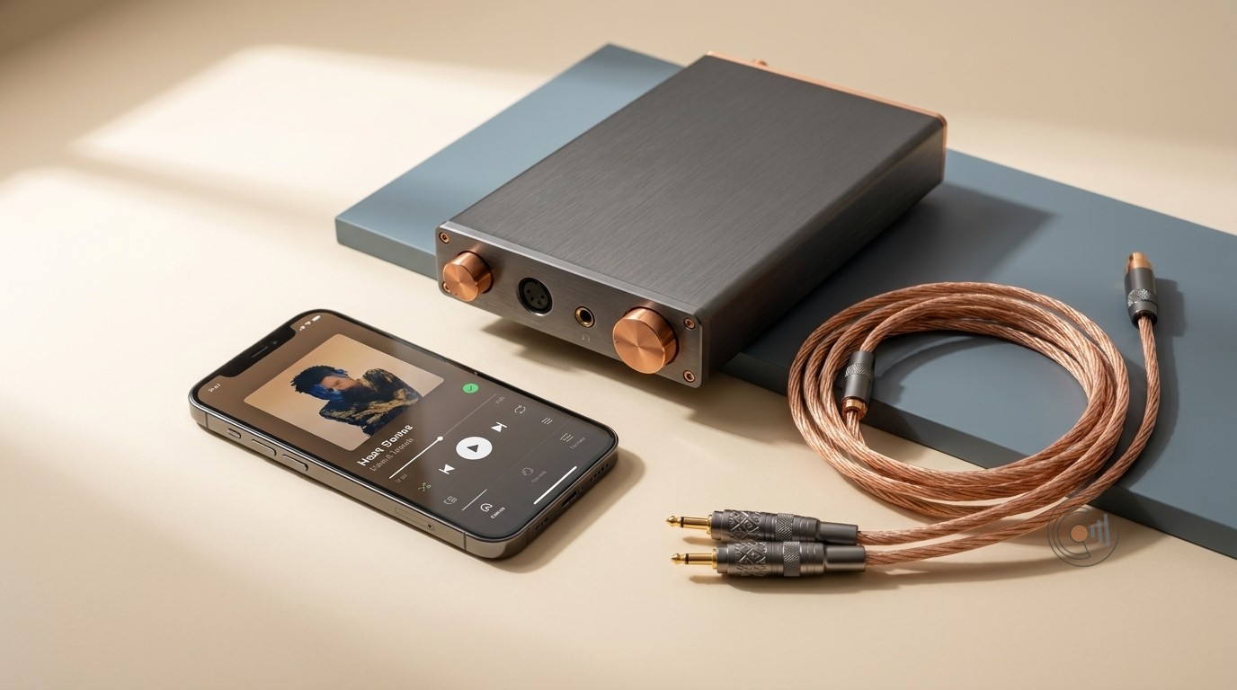 Desktop-DAC, Smartphone mit Streaming-App und Kabel – Symbolbild Hi-Res-Audio.