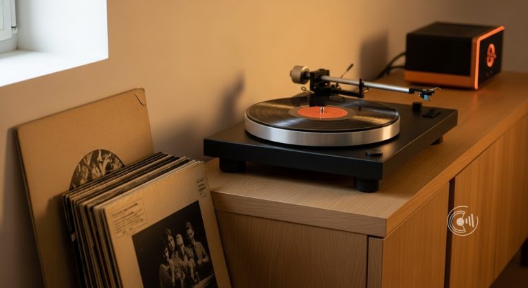 Plattenspieler mit Vinylsammlung auf einem Sideboard – Kaufberatung bis 500 Euro