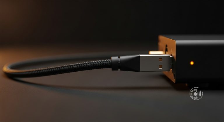 USB-Kabel wird in einen kompakten DAC gesteckt, warmes Kupferlicht auf dunklem Hintergrund