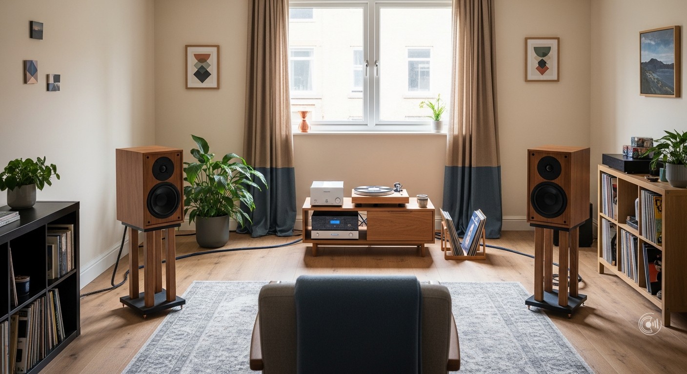 Wohnzimmer mit korrekt aufgestelltem Stereodreieck: zwei Regallautsprecher auf Staendern, symmetrisch und eingewinkelt auf den Hoerplatz, HiFi-Sideboard mit Verstaerker und Plattenspieler dazwischen