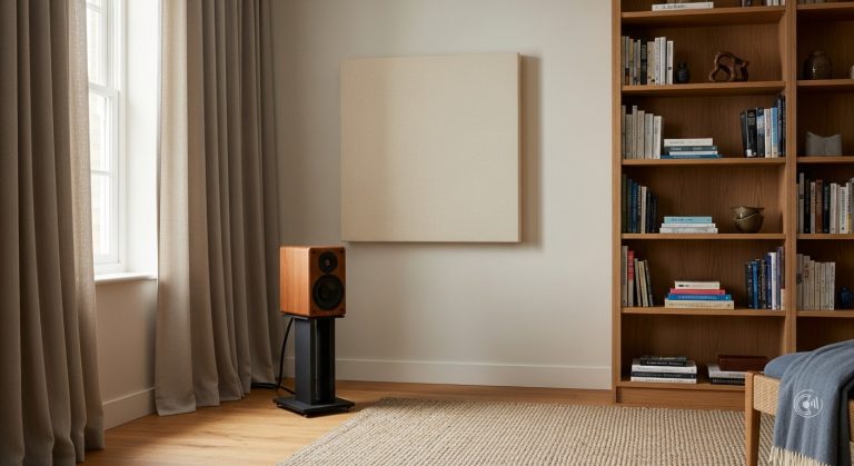 HiFi-Horecke mit akustischem Absorberpaneel, gefulltem Bucherregal, Teppich und Vorhangen zur Verbesserung der Raumakustik.