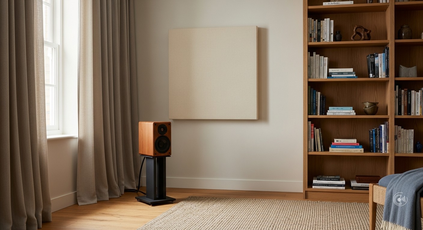 HiFi-Horecke mit akustischem Absorberpaneel, gefulltem Bucherregal, Teppich und Vorhangen zur Verbesserung der Raumakustik.