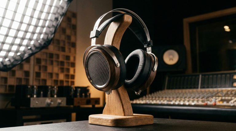 Offener Over-Ear-Kopfhörer mit Holz-Ohrmuscheln auf einem Ständer im Studio