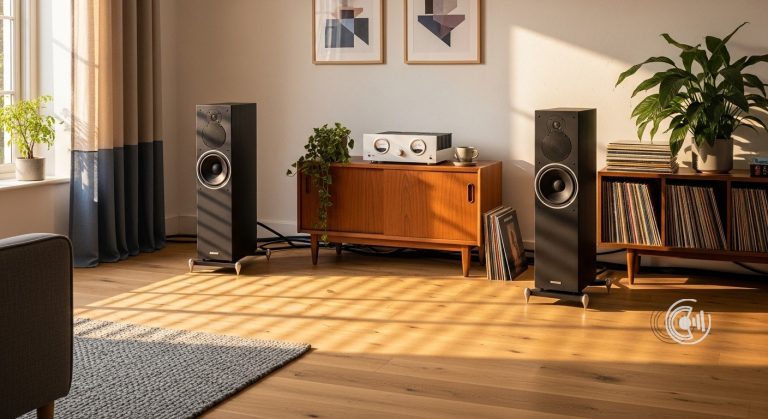 Zwei schwarze Standlautsprecher neben einem Walnuss-Sideboard mit Verstärker und Plattenregal im abendlichen Wohnzimmerlicht