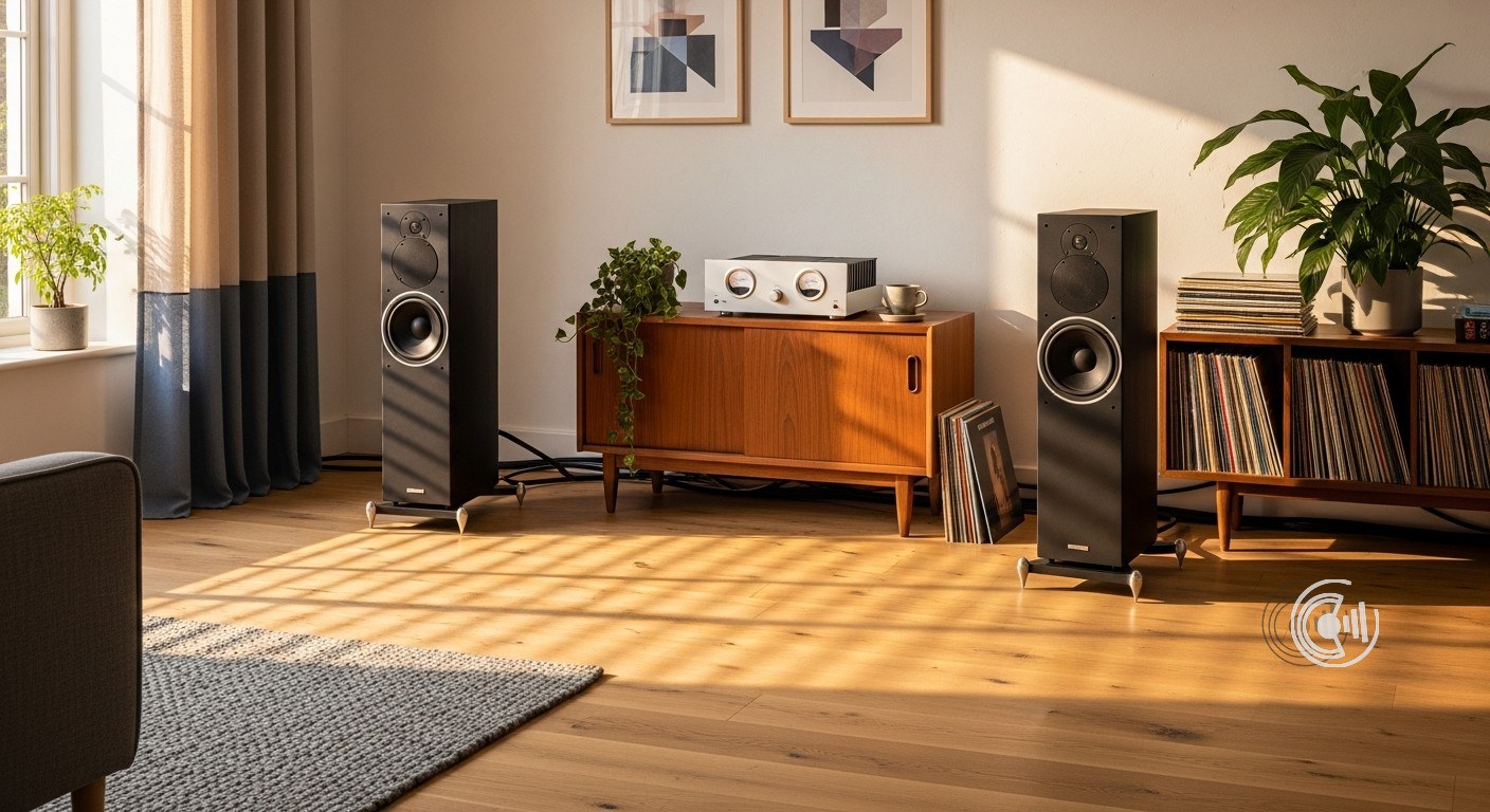 Zwei schwarze Standlautsprecher neben einem Walnuss-Sideboard mit Verstärker und Plattenregal im abendlichen Wohnzimmerlicht
