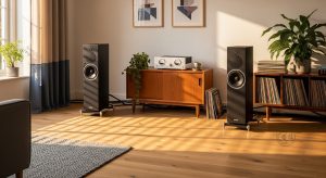 Zwei schwarze Standlautsprecher neben einem Walnuss-Sideboard mit Verstärker und Plattenregal im abendlichen Wohnzimmerlicht