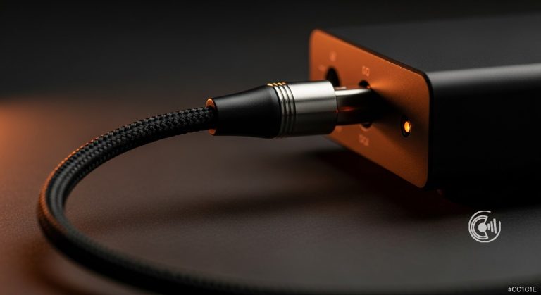 USB-Kabel wird in einen kompakten DAC gesteckt, warmes Kupferlicht auf dunklem Hintergrund