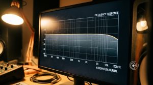 Frequenzgang-Kurve auf einem Monitor am Hörplatz, flankiert von Studiomonitoren