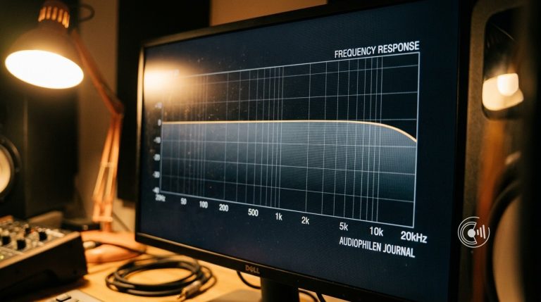 Frequenzgang-Kurve auf einem Monitor am Hörplatz, flankiert von Studiomonitoren