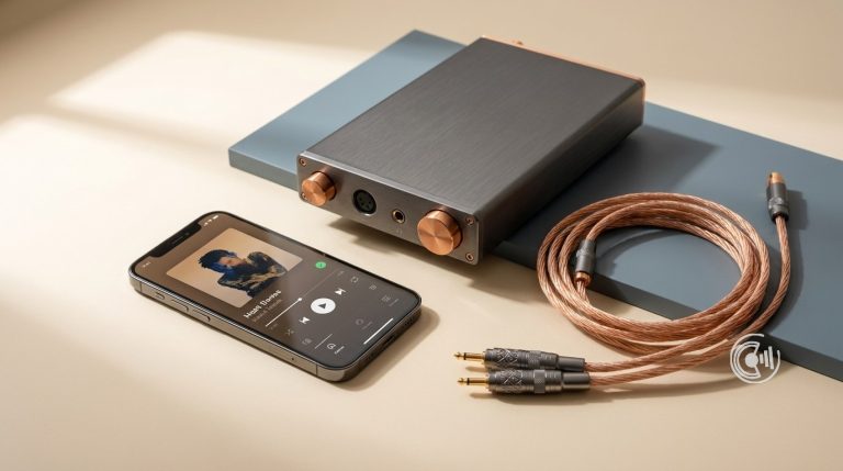Desktop-DAC, Smartphone mit Streaming-App und Kabel – Symbolbild Hi-Res-Audio.