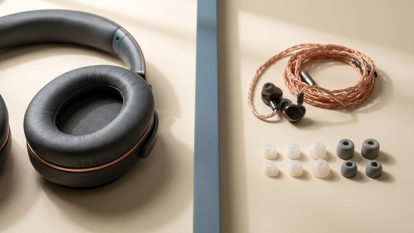 Over-Ear-Kopfhoerer und In-Ear-Monitore mit verschiedenen Ohrstoepsel-Groessen nebeneinander auf warmem Beige