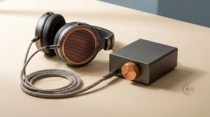 Offener Over-Ear-Kopfhörer neben einem kompakten Kopfhörerverstärker mit Kupfer-Lautstärkeregler