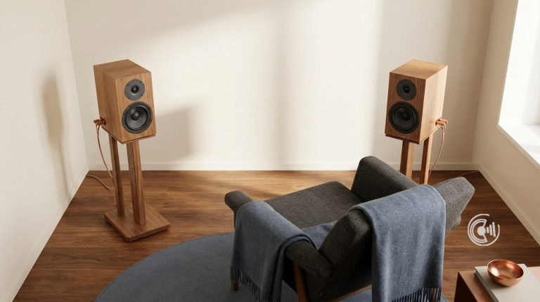 Wohnzimmer mit korrekt aufgestelltem Stereodreieck: zwei Regallautsprecher auf Staendern, symmetrisch und eingewinkelt auf den Hoerplatz, HiFi-Sideboard mit Verstaerker und Plattenspieler dazwischen