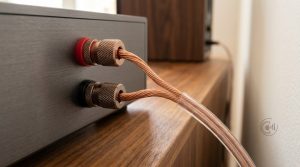 Rote und schwarze Polklemme eines Verstaerkers, beide mit blanken Kupferlitzen eines Lautsprecherkabels belegt