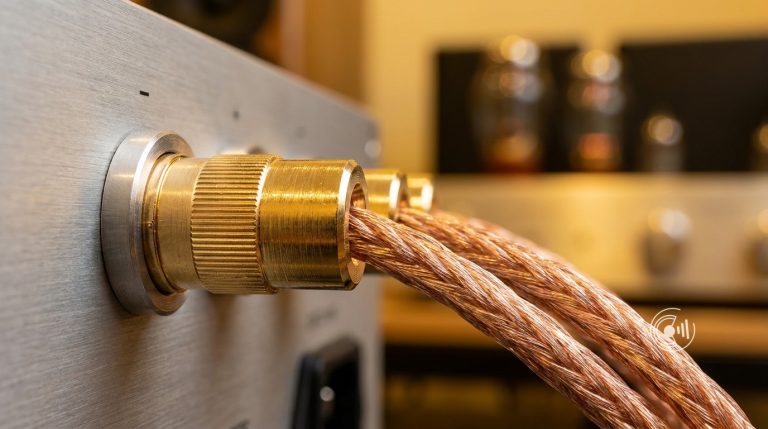 Kupfer-Lautsprecherkabel in vergoldeter Anschlussklemme eines Verstärkers, Nahaufnahme