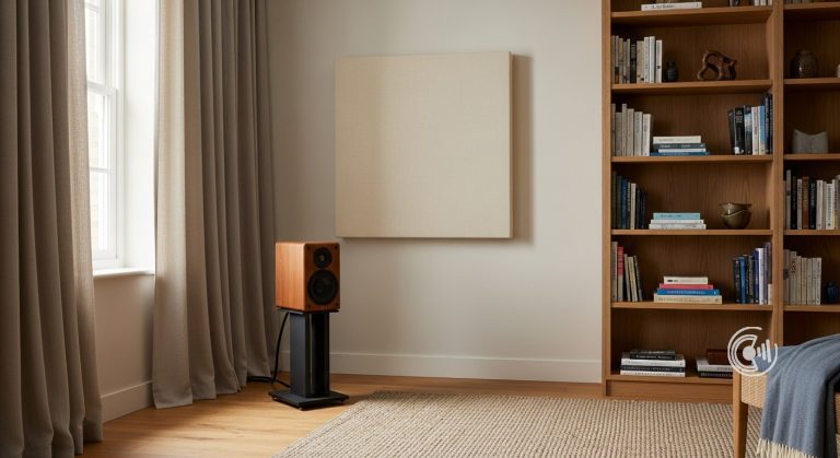 HiFi-Horecke mit akustischem Absorberpaneel, gefulltem Bucherregal, Teppich und Vorhangen zur Verbesserung der Raumakustik.