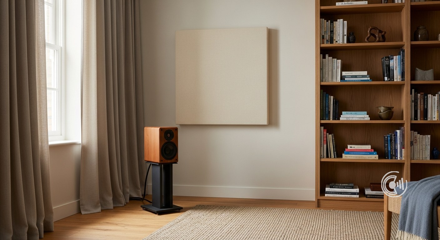 HiFi-Horecke mit akustischem Absorberpaneel, gefulltem Bucherregal, Teppich und Vorhangen zur Verbesserung der Raumakustik.