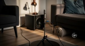Messmikrofon auf einem Stativ am Hörplatz, dahinter ein Subwoofer in der Zimmerecke