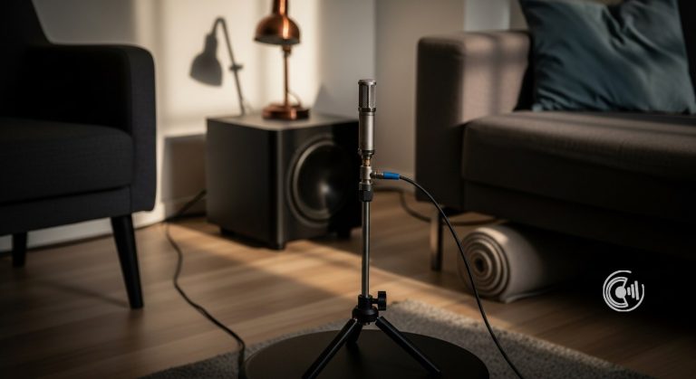 Messmikrofon auf einem Stativ am Hörplatz, dahinter ein Subwoofer in der Zimmerecke