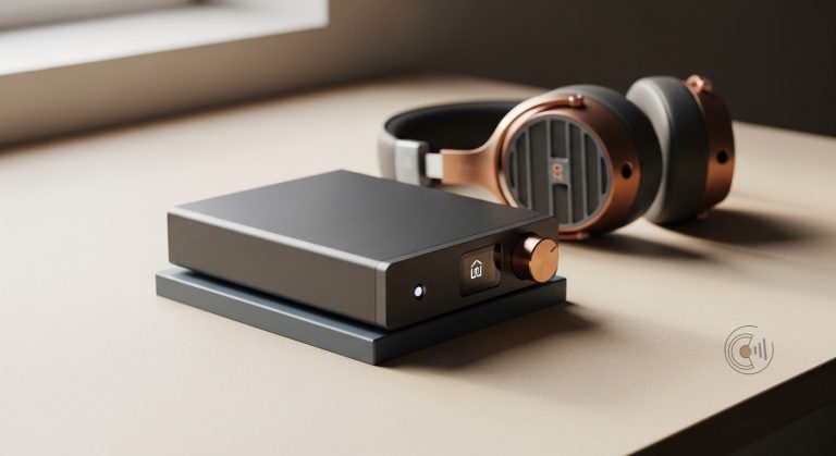 Kompakter Digital-Analog-Wandler (DAC) aus Metall neben einem Over-Ear-Kopfhörer auf einem Schreibtisch