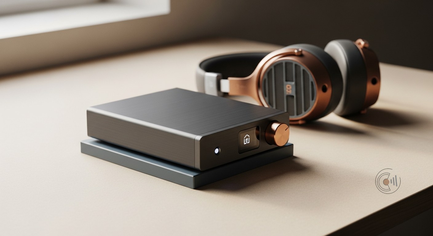 Kompakter Digital-Analog-Wandler (DAC) aus Metall neben einem Over-Ear-Kopfhörer auf einem Schreibtisch