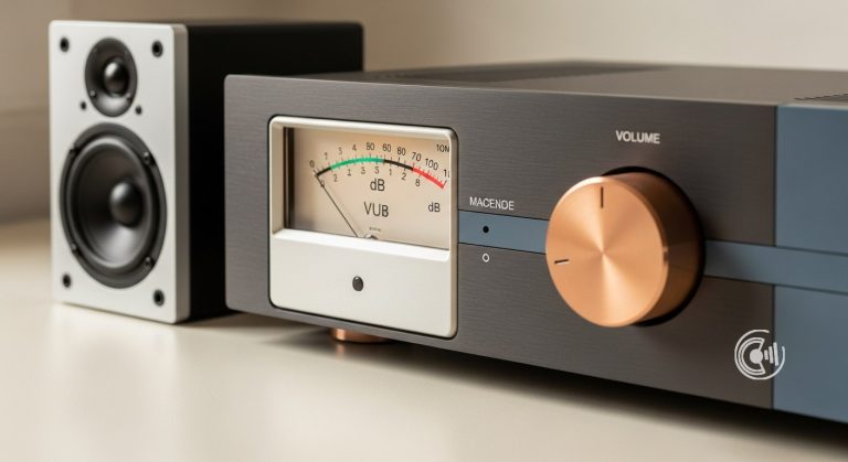 HiFi-Vollverstärker mit VU-Meter (dB-Skala) und großem Kupfer-Lautstärkeregler neben einem Regallautsprecher