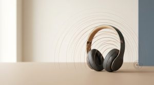 Geschlossener Bluetooth-Kopfhoerer auf warmem Untergrund, umgeben von duennen kupferfarbenen Wellenringen als Darstellung der Funkuebertragung