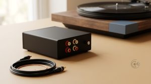 Kleiner schwarzer Phono-Vorverstärker mit vier Cinch-Buchsen und Erdungsschraube, daneben ein Cinch-Kabel, im Hintergrund ein Plattenspieler