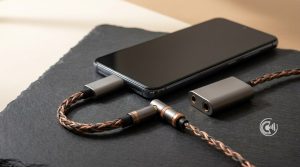 Smartphone mit USB-C-DAC-Dongle und Kopfhörerkabel, daneben ein zweiter Dongle mit 3,5- und 4,4-mm-Buchse